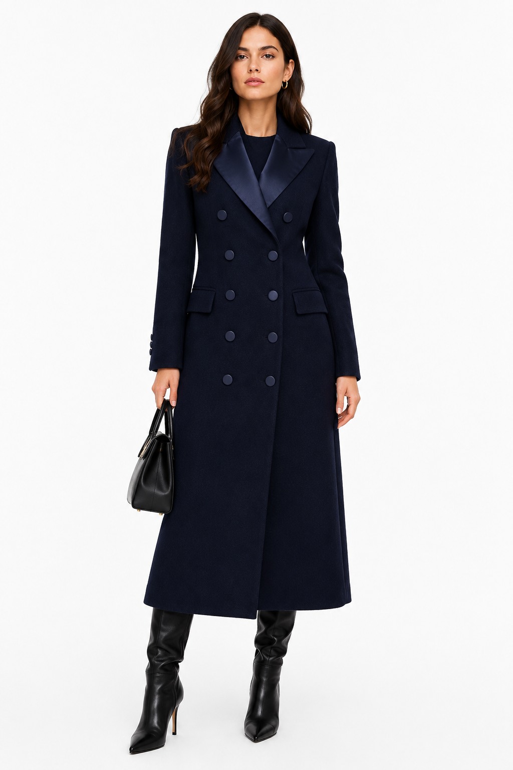 Cappotto lungo con rever raso